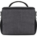 Gray textured camera bag with black handle on a white background