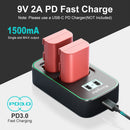 Two Canon compatible LP-E6NH batteries charging simultaneously inside the KingMa 9V 2A PD fast charger station.