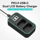The KingMa PD 3.0 USB-C dual LCD battery charger for Canon LP-E6 series plugged into an active power line input.