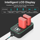Close up detail of the intelligent LCD display screen showing real-time charging levels voltage indicators on the KingMa Canon charger.