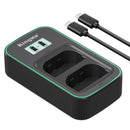 Overhead angled view of the empty KingMa dual camera battery slot terminal beside its included premium USB-C to USB-C charging cable.