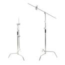 Heavy-duty adjustable stainless steel C-stand for professional studio lighting.