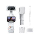 White video conferencing device with screen, buttons, and accessories on a white background