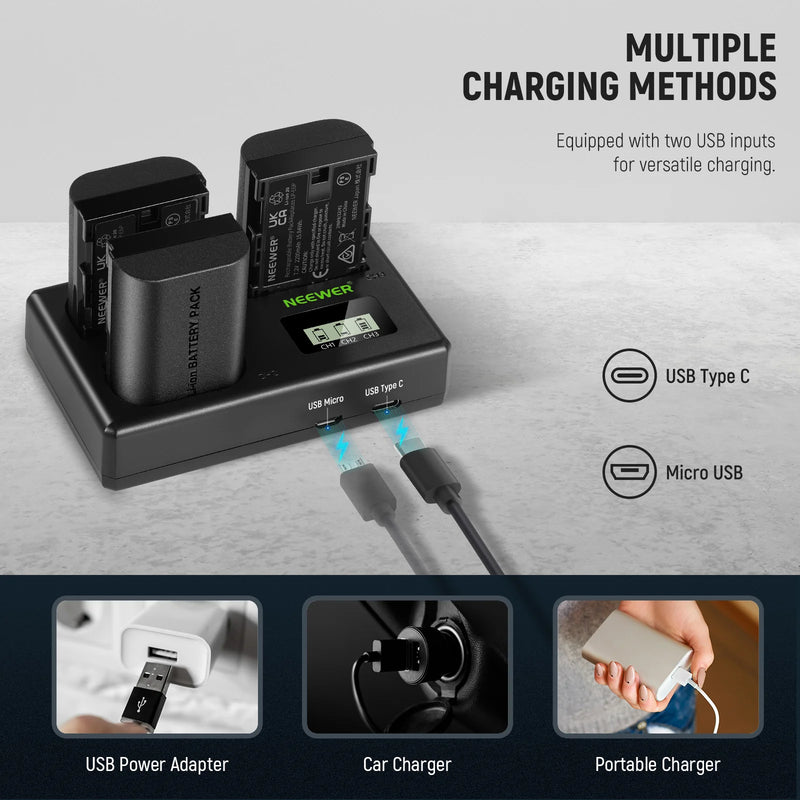 NEEWER 3 Pack 2200mAh LP-E6P/LP-E6NH Replacement Batteries For Canon with 3 way Charger