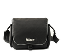 Black Nikon camera bag on a white background