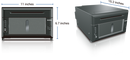 A black and dark gray printer shown from two angles with dimension labels: 11 inches wide, 6.7 inches tall, and 15.