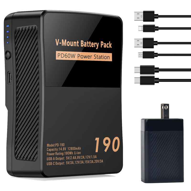 Batmax PD-190 V-Mount Battery Kit with 65W GaN Fast Charger and Cables (190Wh)