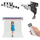 Nanlite Motorized 4-Roller Backdrop Support System showing wall-mounted motors and wireless remote for studio photography