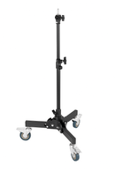 Black adjustable stand with wheels on a white background