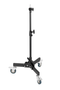 Black adjustable stand with wheels on a white background