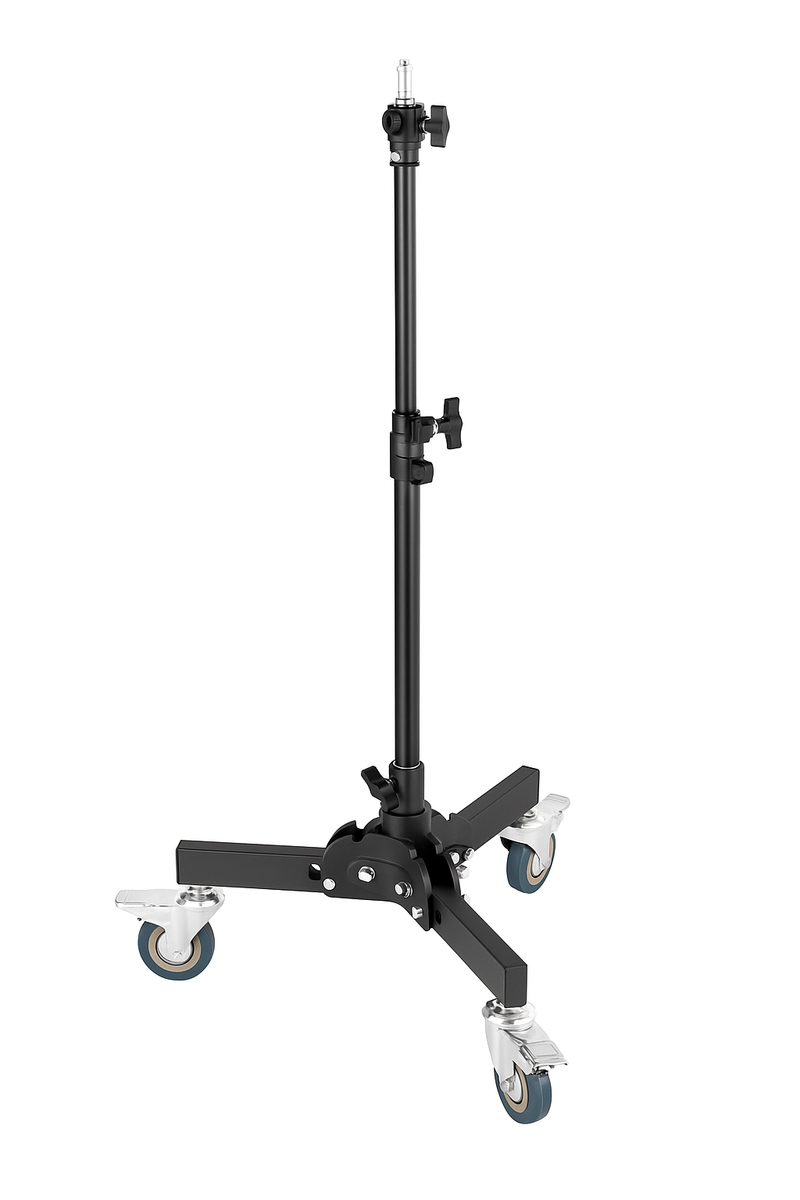 Black adjustable stand with wheels on a white background