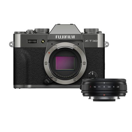 Fujifilm X-T30 camera with lens on a white background