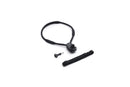 Black lanyard with attached clip and strap on a white background