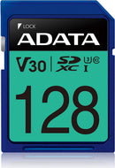 Close-up of the ADATA 128GB SDXC card highlighting its water, shock, magnet, and X-ray proof features