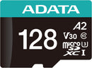 Front close-up of the ADATA Premier Pro 128GB MicroSDXC card, showing 100MB/s and A2 ratings.