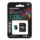 The ADATA Premier Pro 128GB MicroSDXC card and SD adapter displayed inside their original plastic retail packaging.
