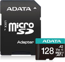 ADATA Premier Pro 128GB MicroSD card with the included full-size SD adapter, both featuring A2 and V30 performance logos.