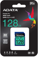 Retail packaging for the ADATA Premier Pro 128GB SDXC V30 UHS-I card with lifetime warranty logo.