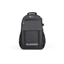 Sleek front profile view of the black Lowepro Adventura BP 150 III eco-friendly camera backpack standing upright.