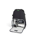 Lowepro Adventura BP 150 III photography daypack displayed alongside a mirrorless camera body, extra lens, and a compact drone.