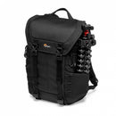 Side view of the black Lowepro ProTactic BP 300 AW II camera bag showing a Joby GorillaPod tripod mounted securely to the exterior attachment points.