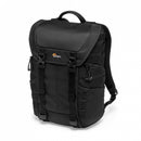 Best camera stores front view profile of the black Lowepro ProTactic BP 300 AW II professional modular camera backpack standing upright.
