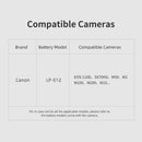 Camera compatibility chart for KingMa LP-E12 replacement battery showing fitment for Canon M50, M200, M100, and SX70HS.