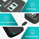 Detail breakdown of the KingMa charger showcasing the LCD display 9V 2A USB-C port interface and bottom anti-slip rubber pads.