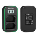 Front view showing dual LCD screen and rear specs panel of the Canon LP-E6 LP-E6N LP-E6NH fast battery charger by KingMa from Best Camera Store.