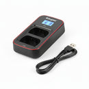Canon LP-E6, LP-E6NH, and LP-E6P dual battery charger by KingMa sitting vertically with its charging cable, from Best Camera Store.