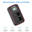 Graphic showing the Canon LP-E6 format dual battery charger by KingMa detailing its multi-protection safety circuits at Best Camera Store.