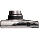 Top down angle of the slim silver Canon PowerShot ELPH 360 HS showing the power button, shutter, and extended lens barrel at best camera store