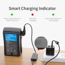 KingMa USB-C to D-Tap cable charging a V-Mount battery with the LED battery indicator lights showing active power status.