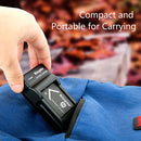 A hand sliding the ultra compact KingMa Sony NP-BN1 battery charger directly into a travel backpack mesh pocket.