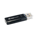 Angled profile view of the black portable Digipower universal multi-card reader showing its built-in media slots and a protective clear plastic cap over the USB Type-A connector plug