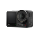 Angled perspective of the rugged, compact black DJI Osmo Action 4 camera body highlighting the red shutter button.