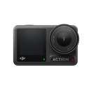 Front face of the DJI Osmo Action 4 showing the f/2.8 155 degree wide angle lens and front vlogging screen.