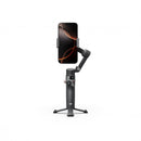 Front profile view of the isolated dark gray DJI Osmo Mobile 8P tracking stabilizer standing on its built-in tripod legs at Best Camera Store.