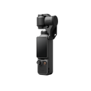 DJI Osmo Pocket 4 in its folded, protected state inside the hard-shell gimbal clamp for safe travel.
