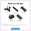 A top-down view of the DJI RS 5 Standard Edition contents including the gimbal, BG33 battery grip, tripod, and quick-release plates.