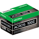 Front view of Fujifilm Neopan 100 Acros II 35mm film box and individual 36-exposure canister.
