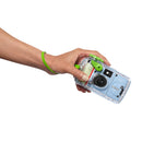 Hand holding the FUJIFILM QuickSnap Active camera with green wrist strap attached, available at Best Camera Store.