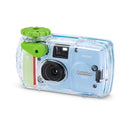 Angled front view of the FUJIFILM QuickSnap Active waterproof single-use camera in clear protective housing from Best Camera Store.