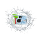 FUJIFILM QuickSnap Active waterproof single-use camera surrounded by a dynamic water splash from Best Camera Store.