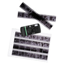 Fujifilm QuickSnap Black and White camera laid on top of black-and-white film strip negatives and a photo index sheet at Best Camera Store.