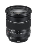 Three-quarter top angle view of the Fujifilm XF 16-80mm f-4 lens showcasing the Super EBC front coating and 72mm filter threads without the lens hood attached