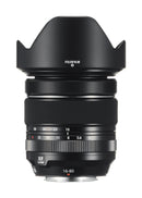 Straight side profile view of the Fujifilm XF 16-80mm f-4 R OIS WR lens without hood showcasing the zoom ring focal lengths and aperture markings