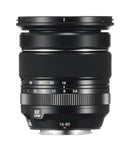 Straight side profile view of the Fujifilm XF 16-80mm f-4 R OIS WR lens with the petal lens hood securely attached facing left