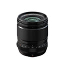 Side profile of the Fujifilm XF 18mm f/1.4 X-mount lens highlighting the locking A position aperture ring and manual focus ring.