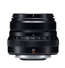 Front view of the Fujifilm XF 35mm f2 R WR camera lens showing the glass element and aperture ring